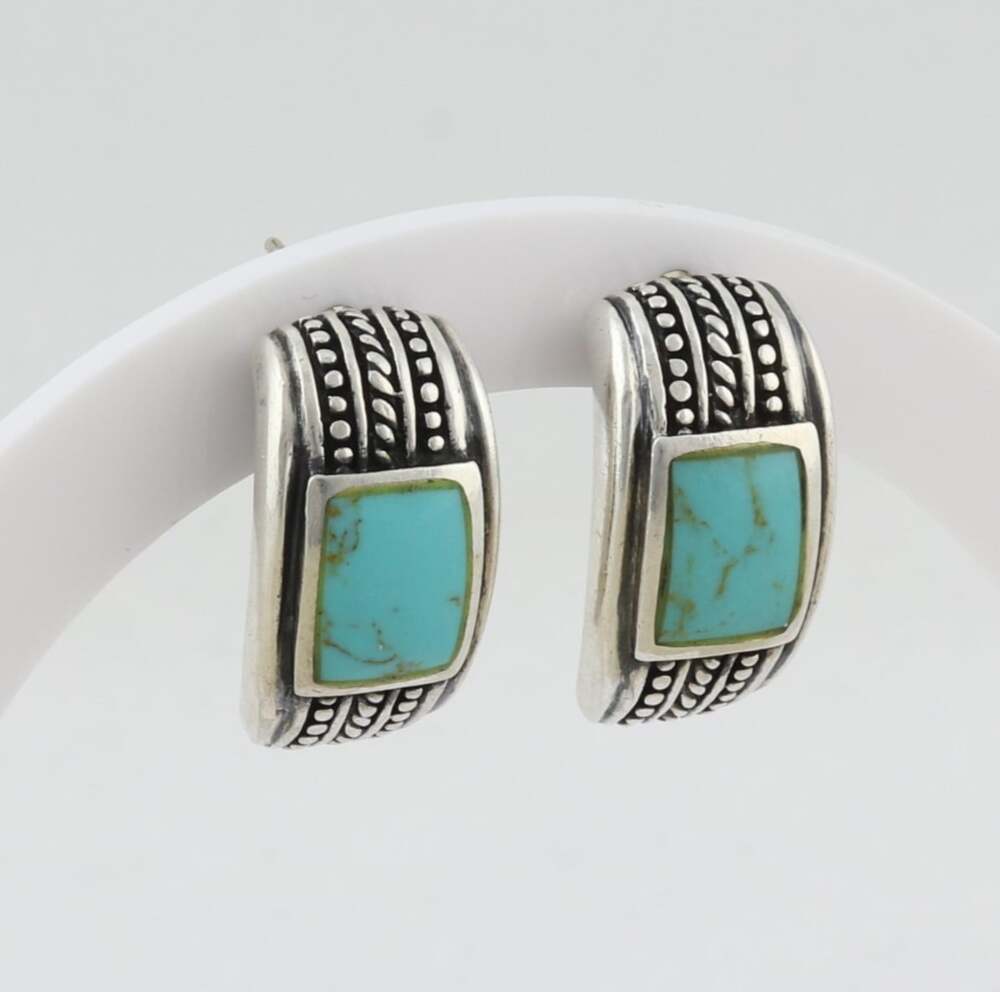 Sterling Silver Natural Turquoise Half Hoop Earrings 3/4" x 1/2" inch